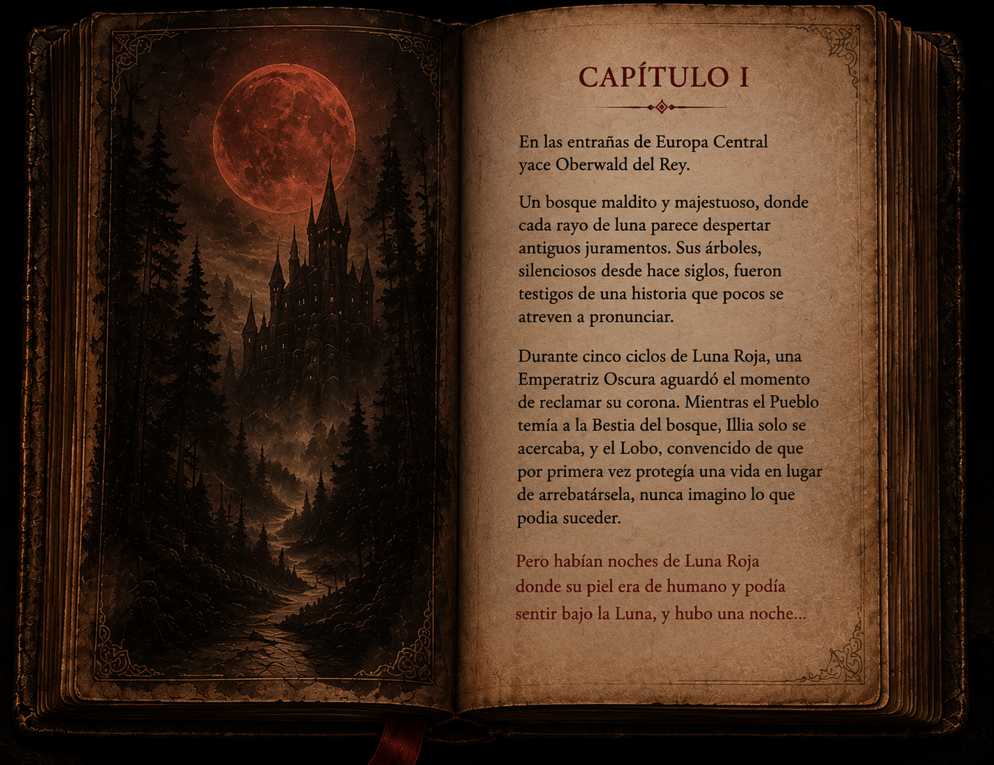 Libro antiguo abierto en el Capitulo I de Caperucita Narcisista
