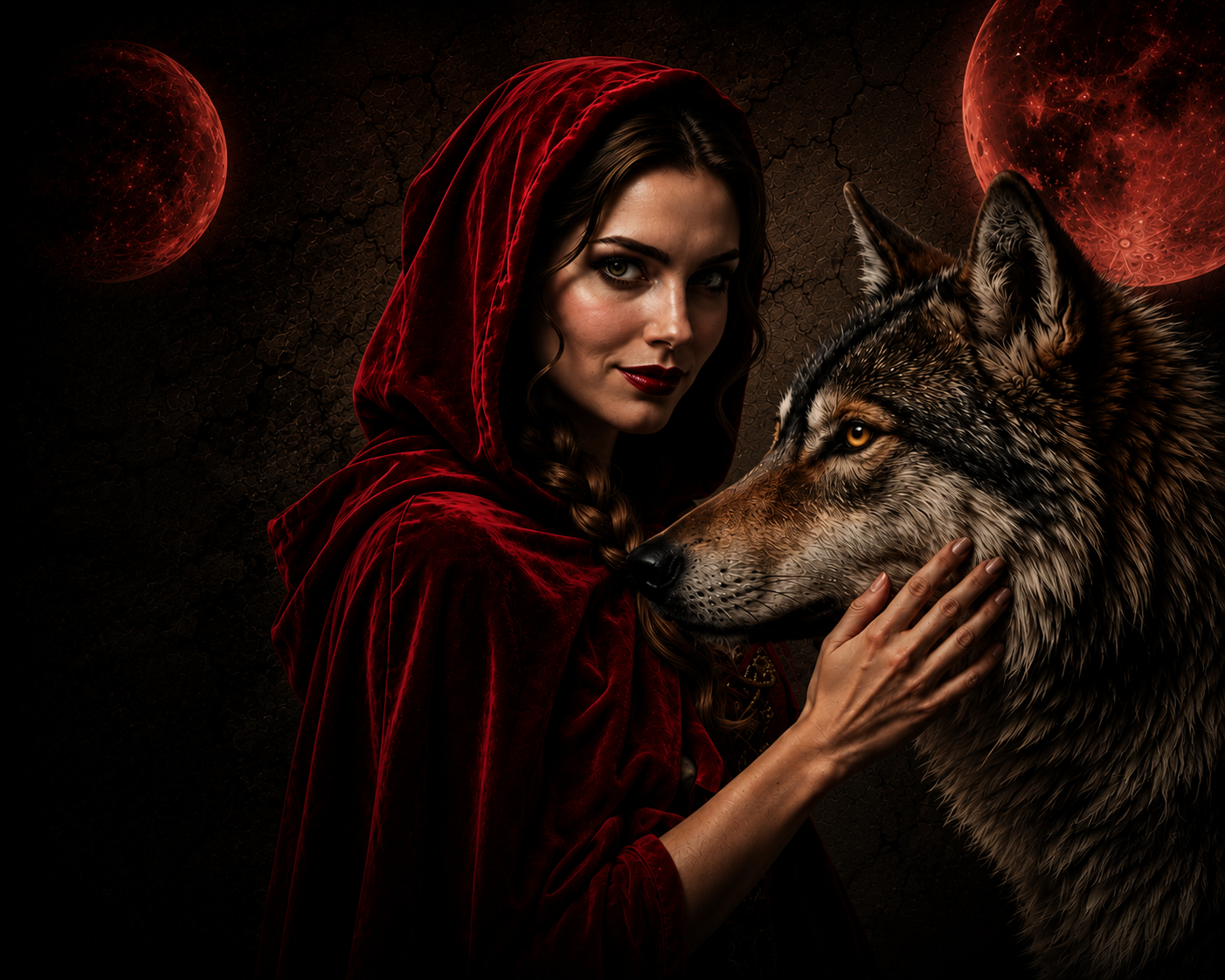 Caperucita Narcisista junto al lobo bajo dos lunas rojas