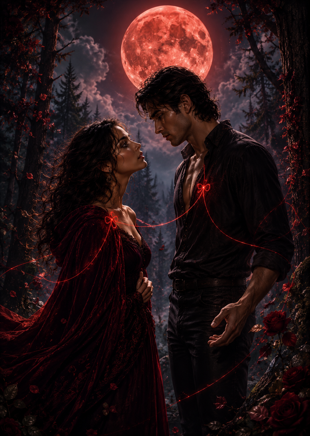 Cantos gregorianos de atraccion romantica con pareja bajo luna roja y bosque oscuro Kreutza