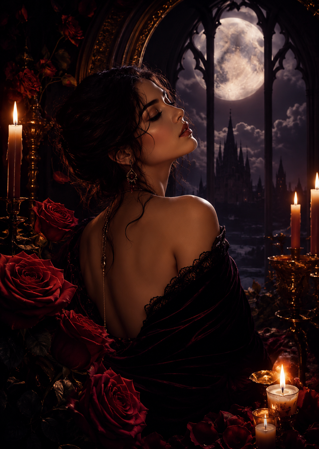 Cantos gregorianos para elevar tu autoestima con rosas rojas, velas y luna llena en Kreutza