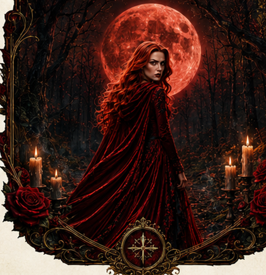 Caperucita con capa carmin frente a la luna roja en un bosque oscuro