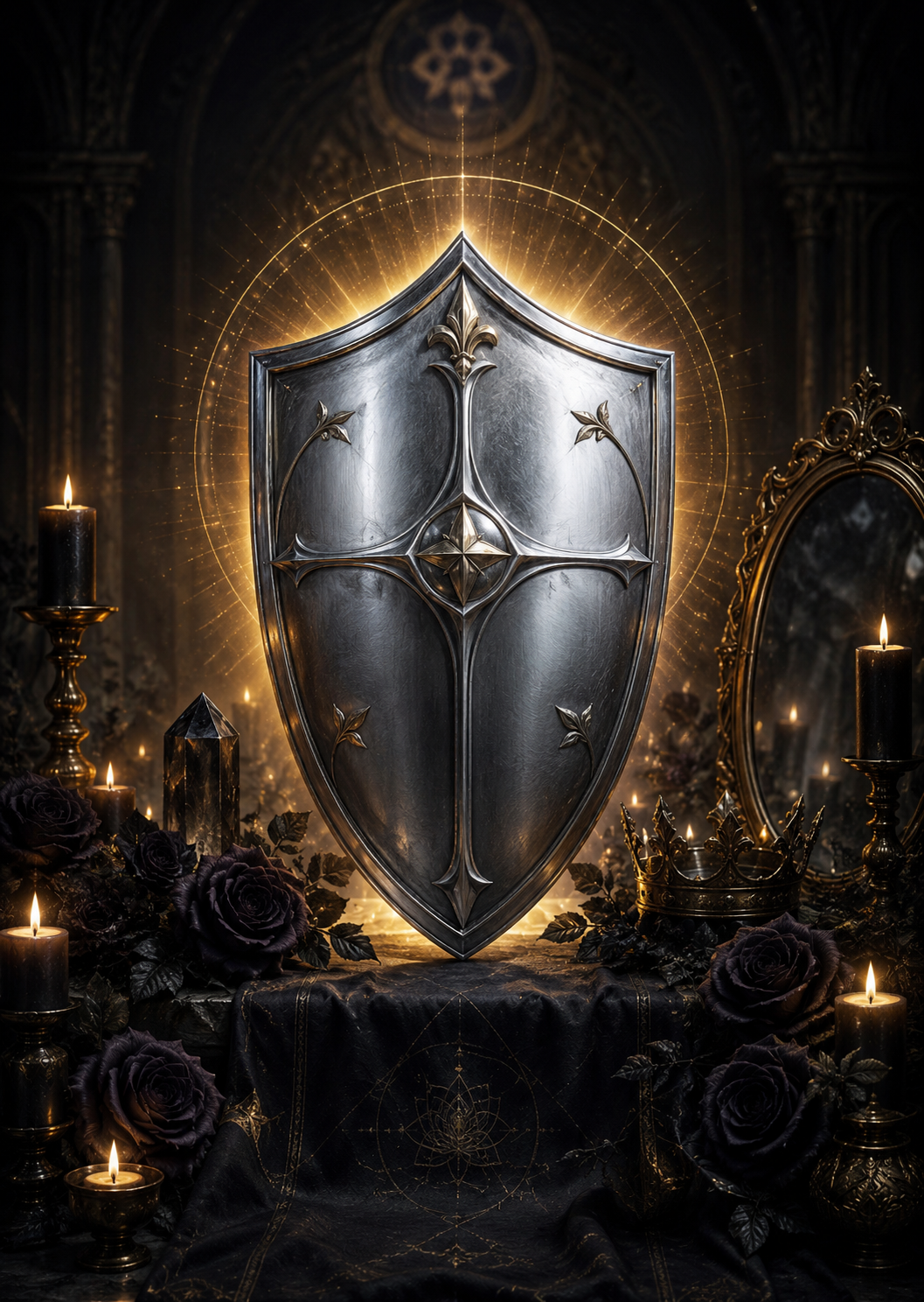 Salmodias de blindaje emocional con escudo sagrado, velas, rosas oscuras y proteccion Kreutza
