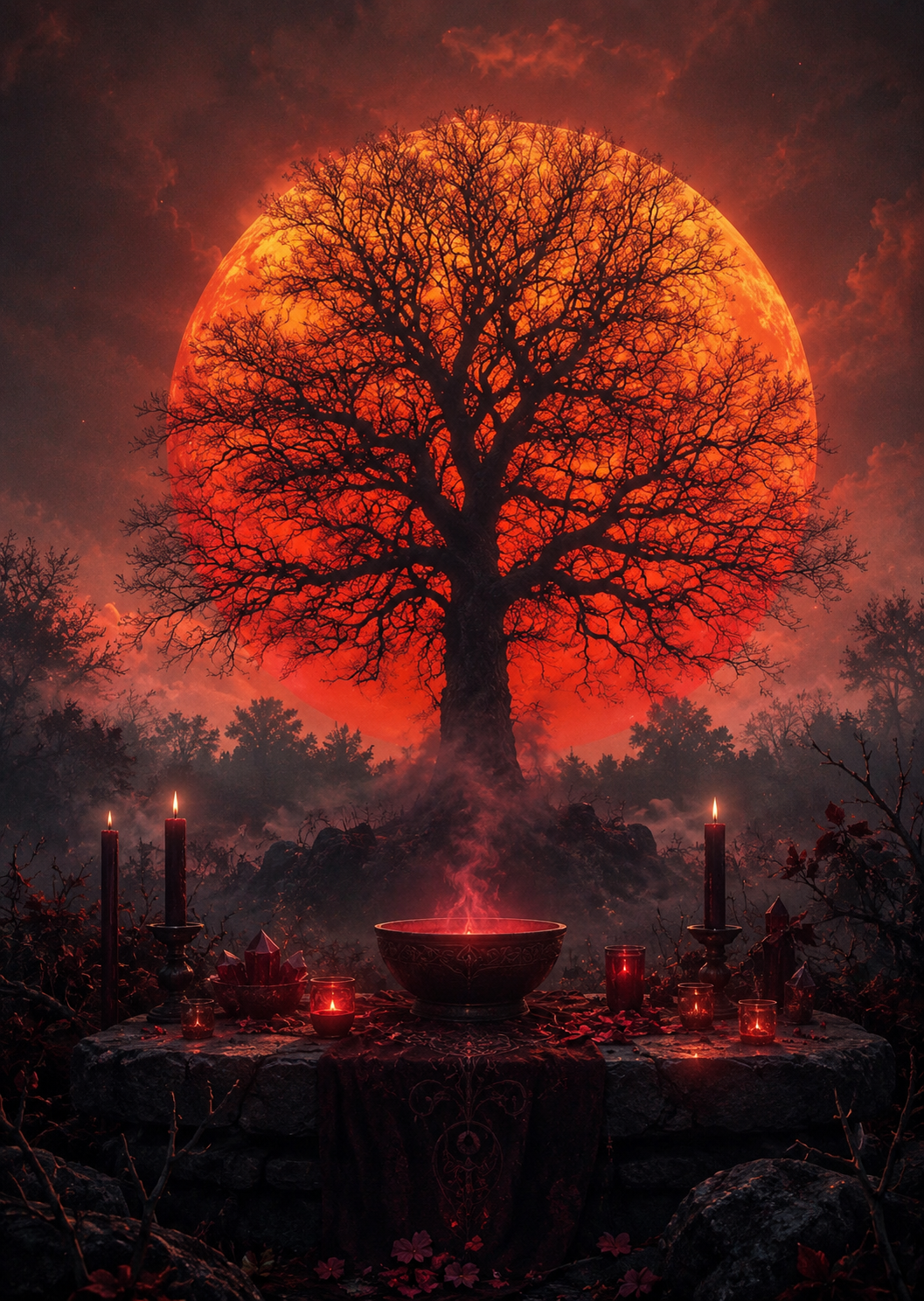 Salmodias de luna roja con arbol sagrado, altar ritual, humo y velas de Kreutza