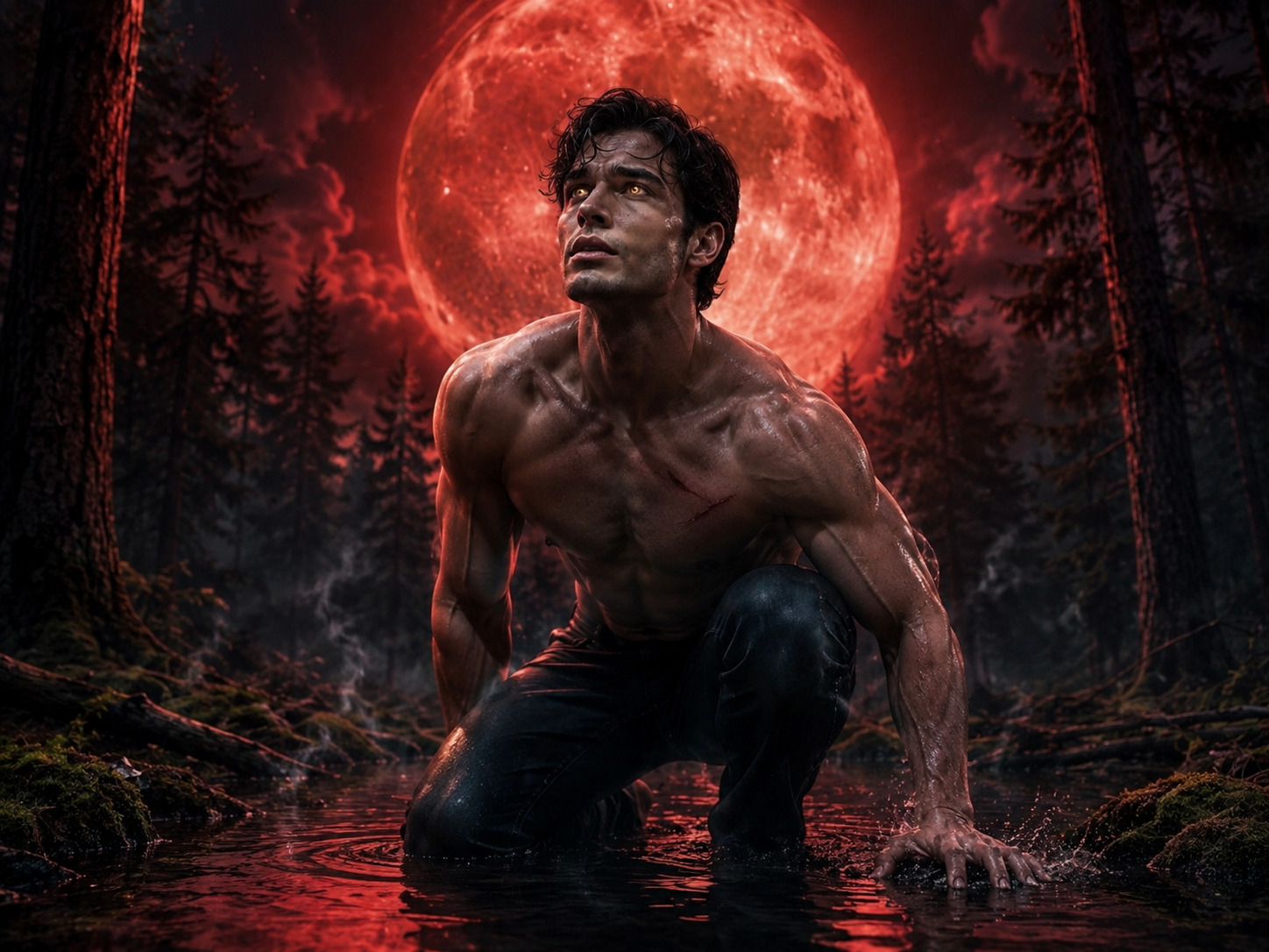 Hombre lobo de Caperucita Narcisista bajo luna roja, transformacion interior para cantos gregorianos Kreutza